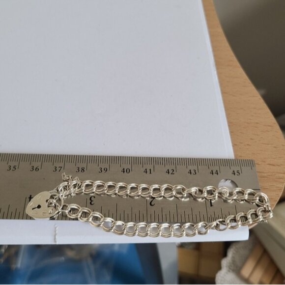 Vintage Double Curb Link Heart Padlock Key Charm Sterling Silver Chain Bracelet - Picture 6 of 11